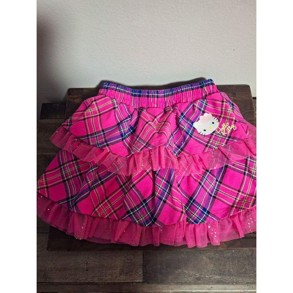 Hello Kitty Girls Pink Plaid Skort Ruffle Tiered Sparkle Tutu Skort 6X